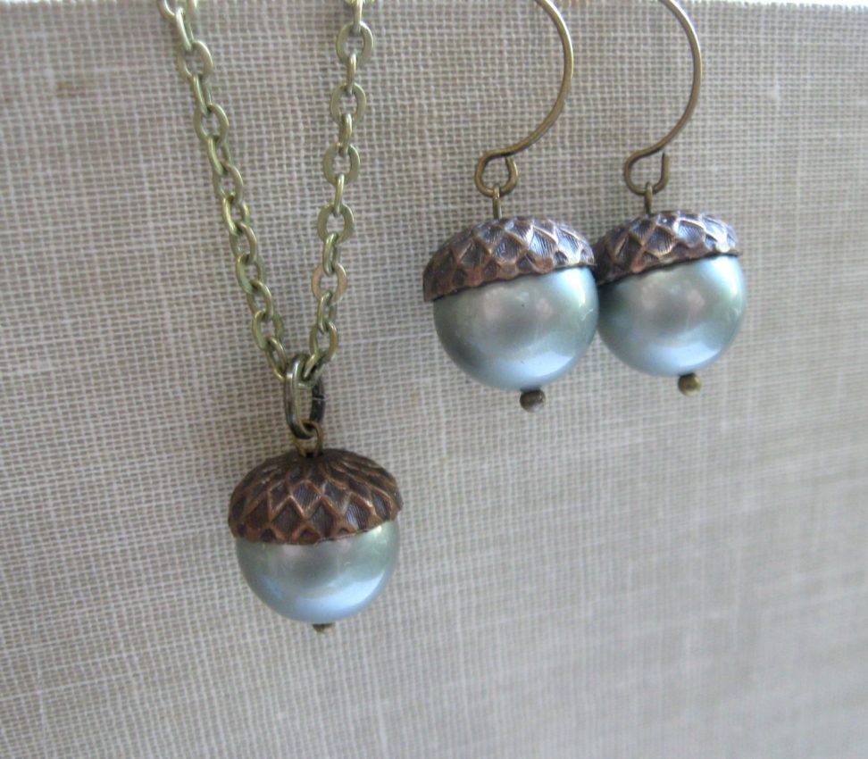Acorn necklace set, Swarovski pearls, fall jewelry