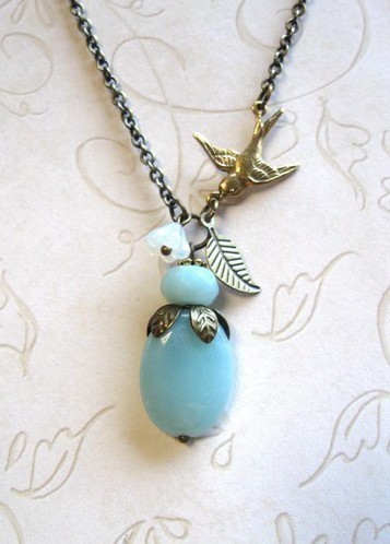 Amazonite pendant necklace, brass bird charm