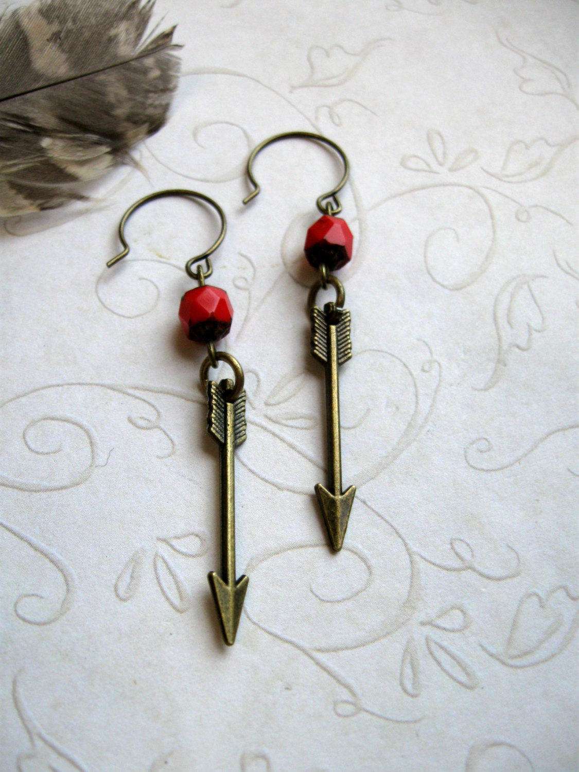 Arrow earrings, brass charms, red glass beads, tribal