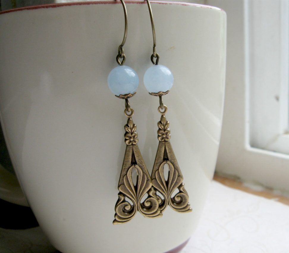 Art deco earrings, blue jade beads