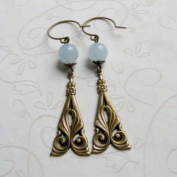 Art deco earrings, blue jade beads