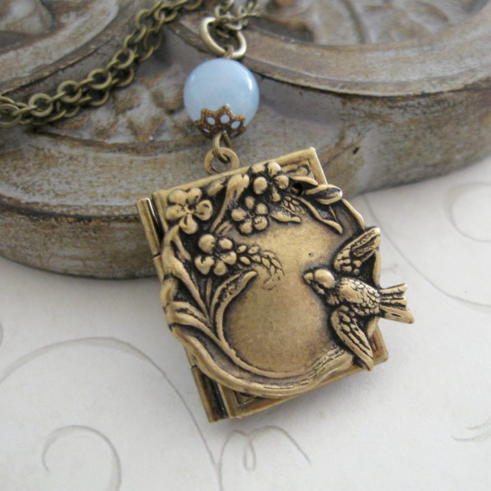 Bird locket necklace, nature inspired, book style locket