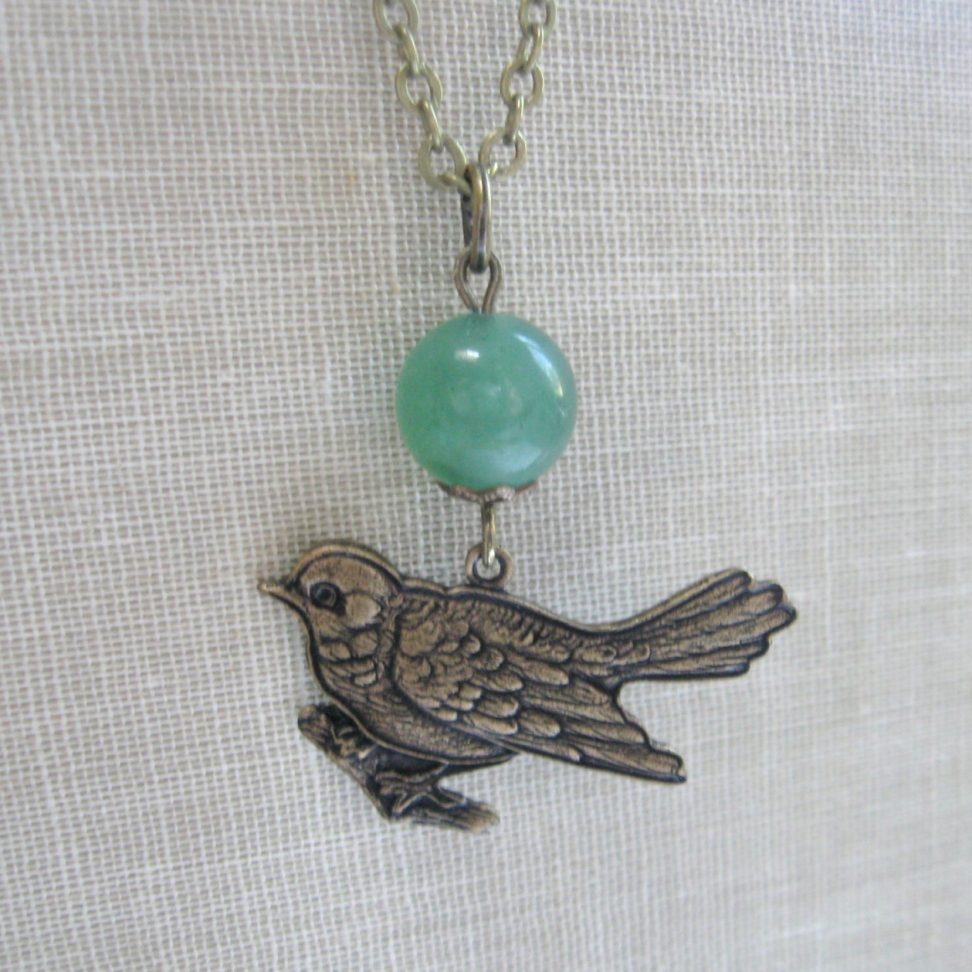 Bird pendant necklace, green bead
