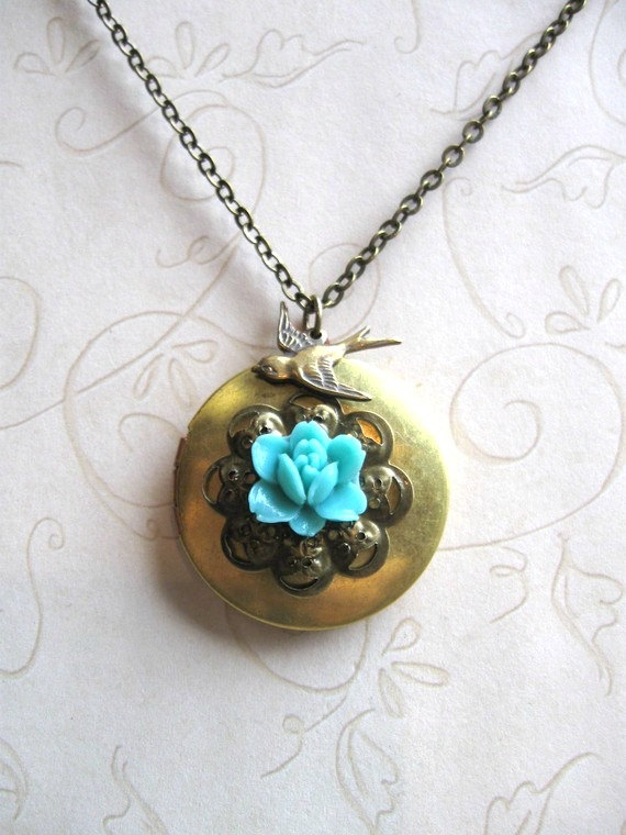 Brass locket necklace, blue flower, vintage inspired