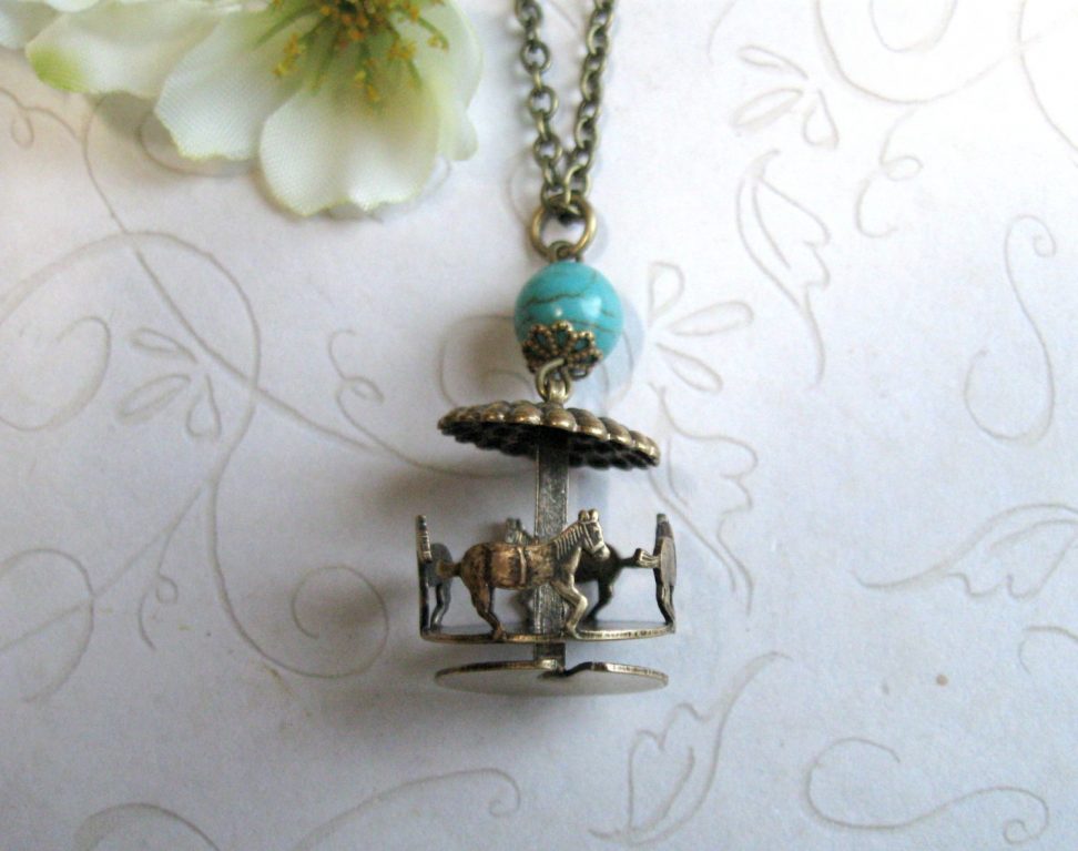 Carousel pendant necklace, brass charm, turquoise bead