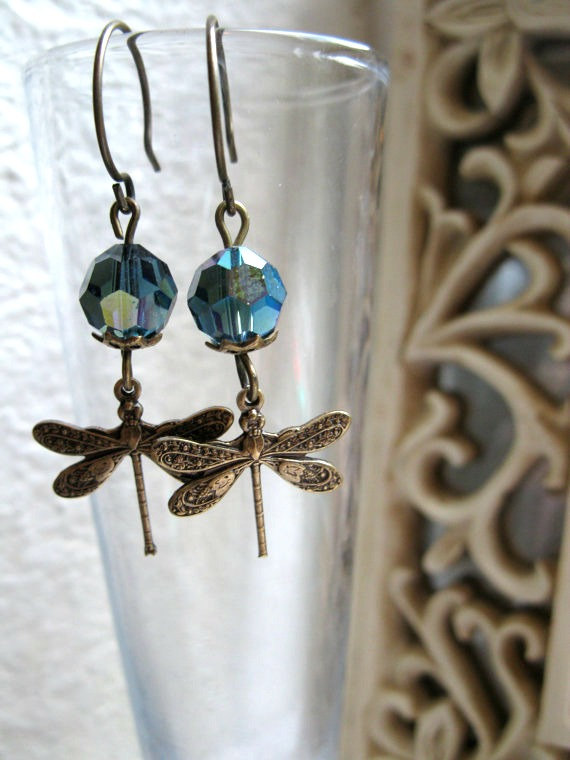 Dragonfly dangle earrings, vintage style