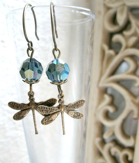 Dragonfly dangle earrings, vintage style