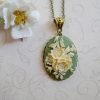 Green cameo necklace, long chain, large pendant