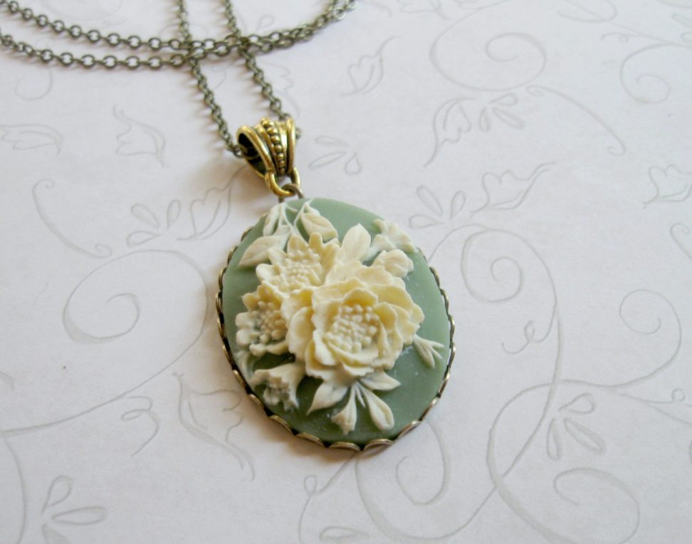 Green cameo necklace, long chain, large pendant
