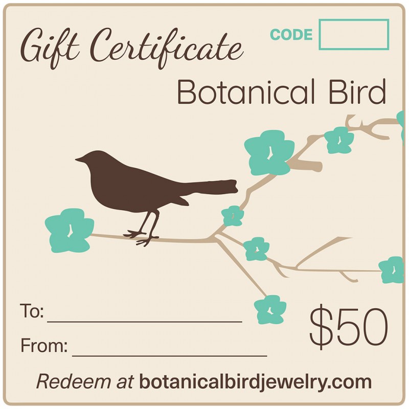 Jewelry gift certificate, fifty dollars, Botanical Bird