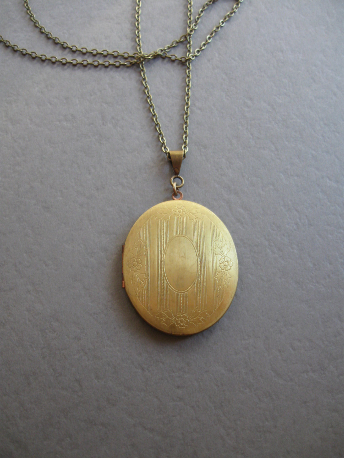 Large brass locket necklace, vintage locket, oval