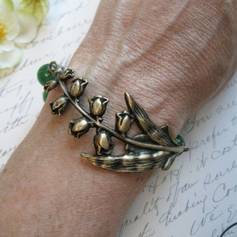 Lily of the Valley Bracelet, antiqued brass flower bracelet, vintage wedding bridal bracelet, lily of the valley jewelry, brass cuff style - Image 3