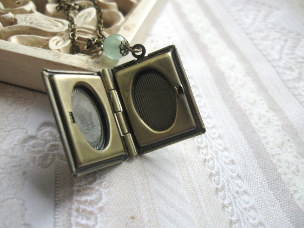 Lily of the valley necklace, book style locket, green cameo