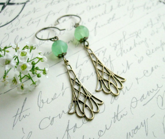Long dangle earrings, filigree, mint green
