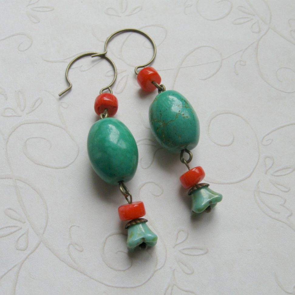 Long turquoise earrings, with coral beads