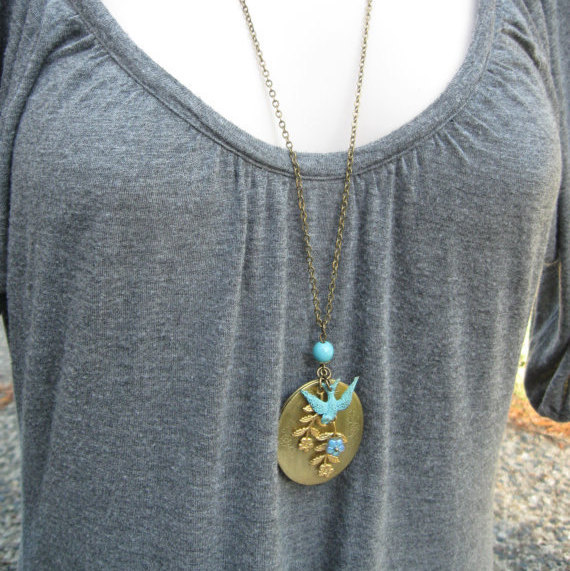 Long vintage locket necklace, bird charm, nature inspired