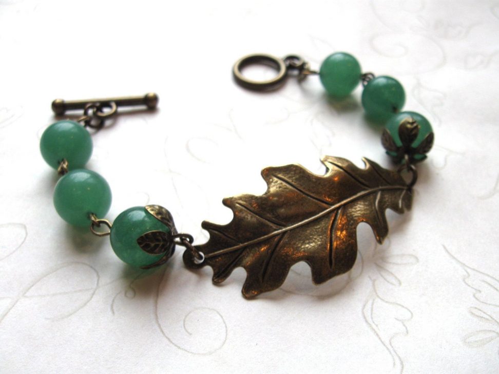 Oak leaf bracelet, green jade beads, fall jewelry