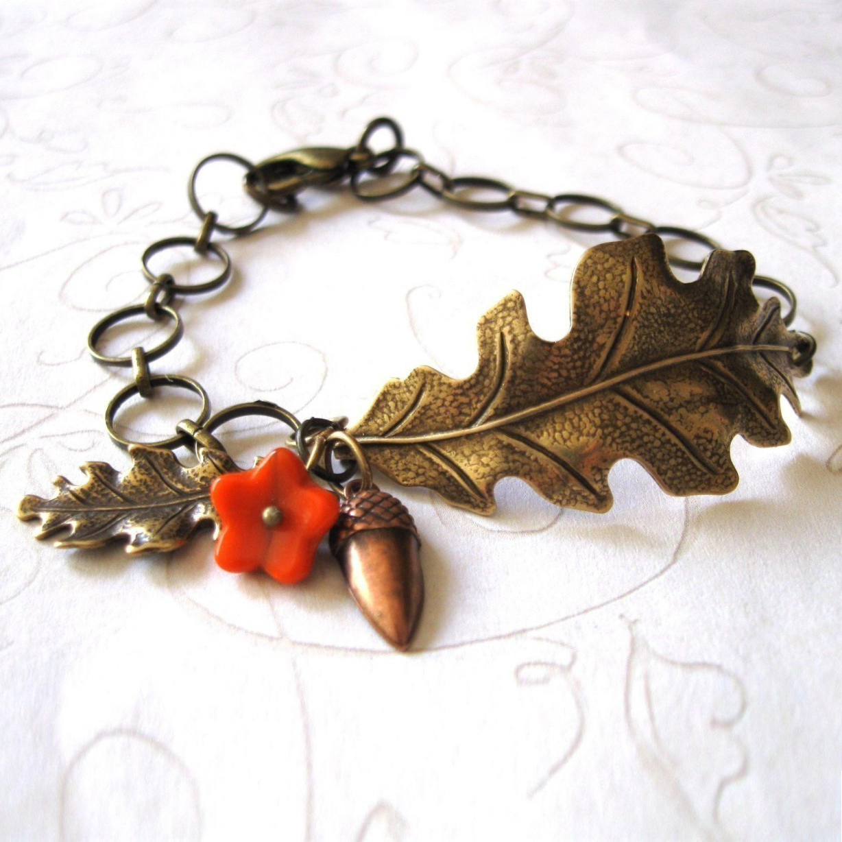 Brass leaf bracelet, glass pearls, toggle clasp