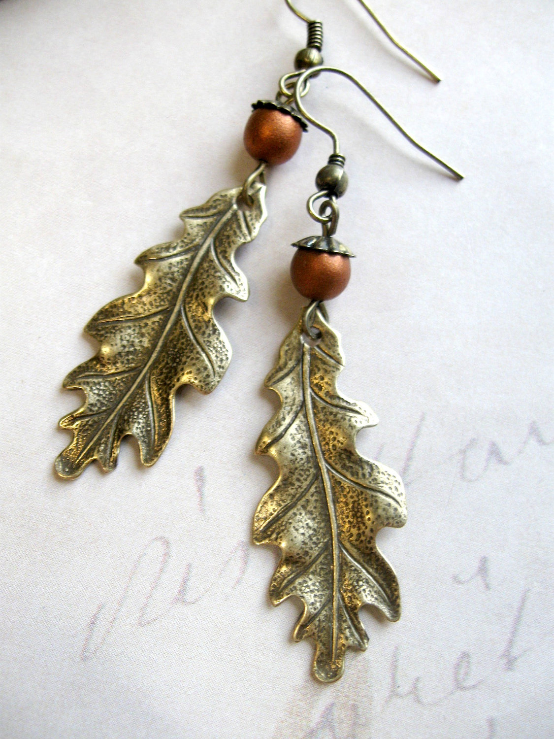 Oak leaf earrings, brass charms, fall jewelry