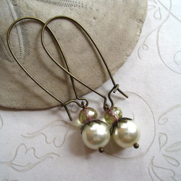 Pearl earrings, long brass ear wires