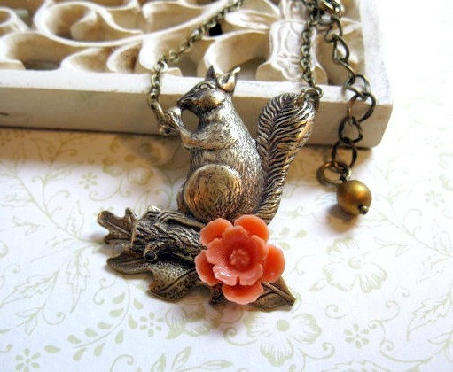 Squirrel necklace, with oak leaf, brass chain, fall jewelry