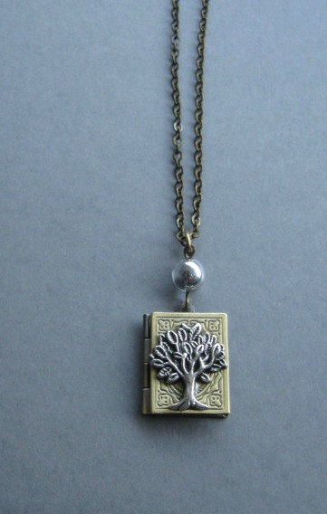 Tree of life locket necklace, book style, brass chain